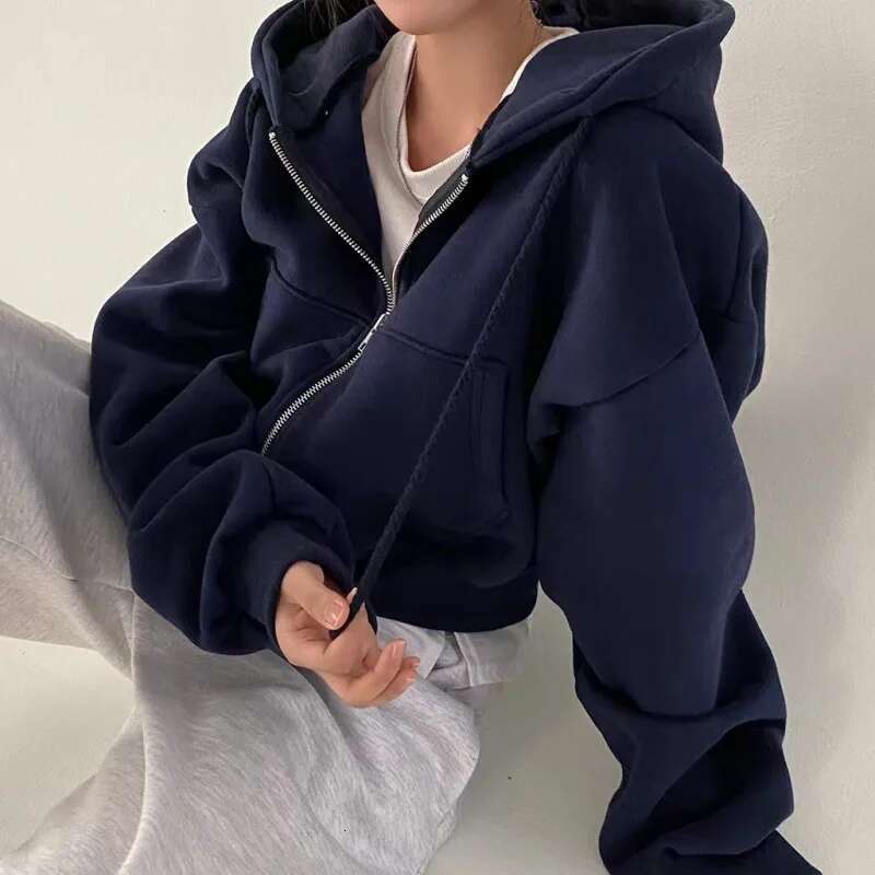 2024 Spring Autumn New Insfleece-Ed Versatile Cropped Slims Smooths Silhouette Zip-Up Warm Navy Blue Hooded Sweatshirt Women