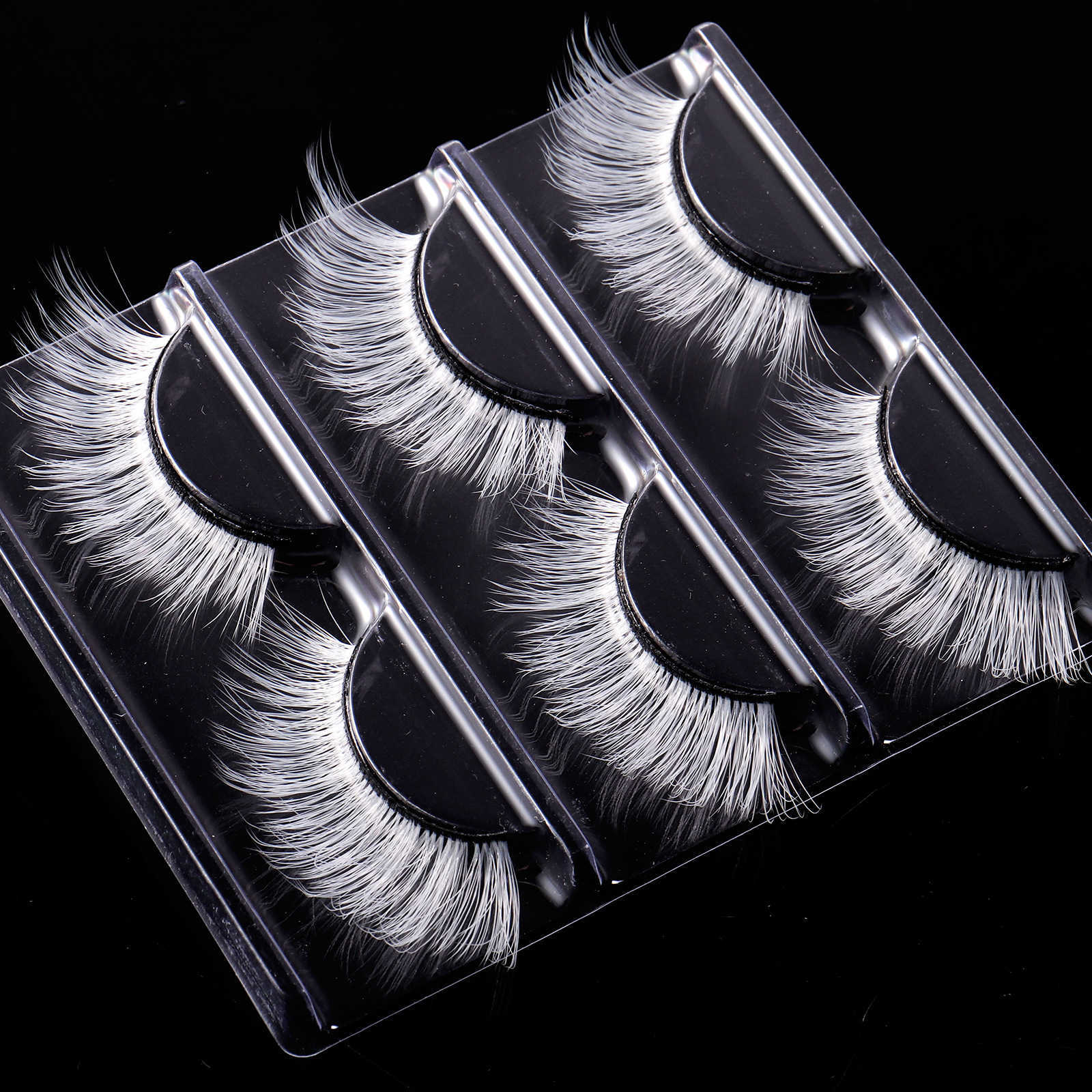 New Exaggerated Holiday Style White False Eyelash 3-Pair Set Long Short Synthetic Eyelash W250324