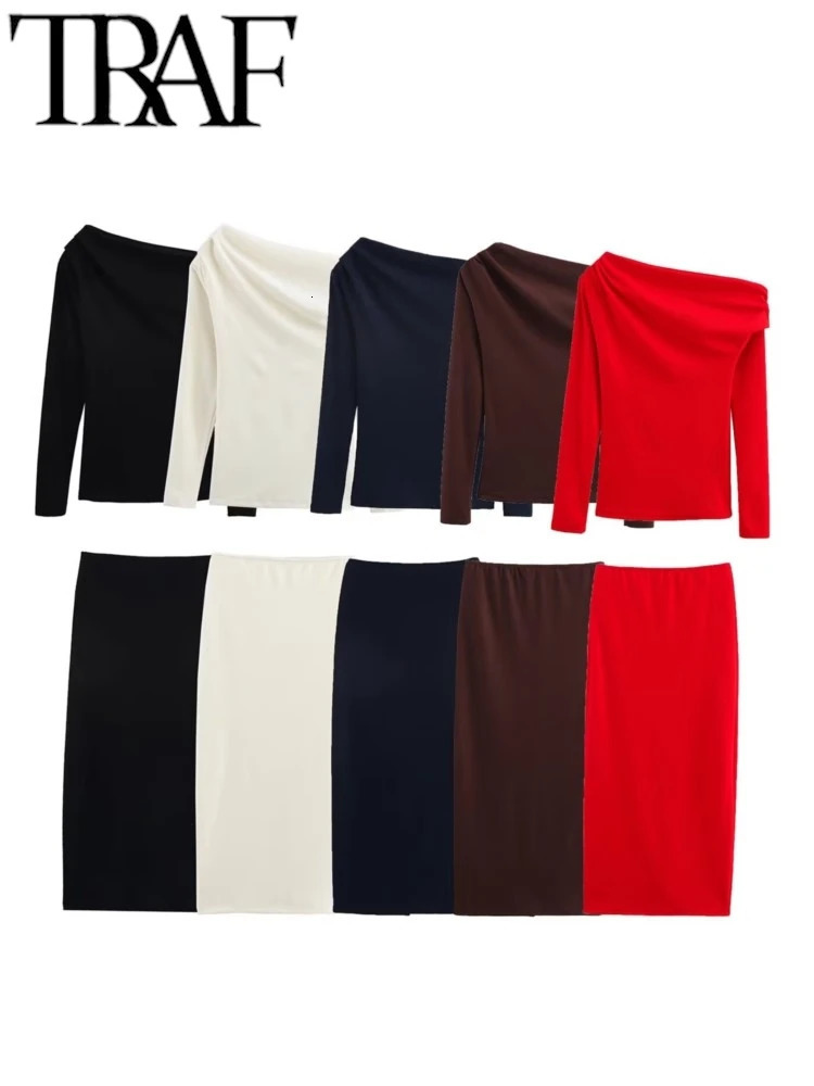 TRAF GAL 2025 Spring Womens Knitted Set Long Sleeve Asymmetric Ruched Ultra Thin Tensile Midi Casual y2k 250322