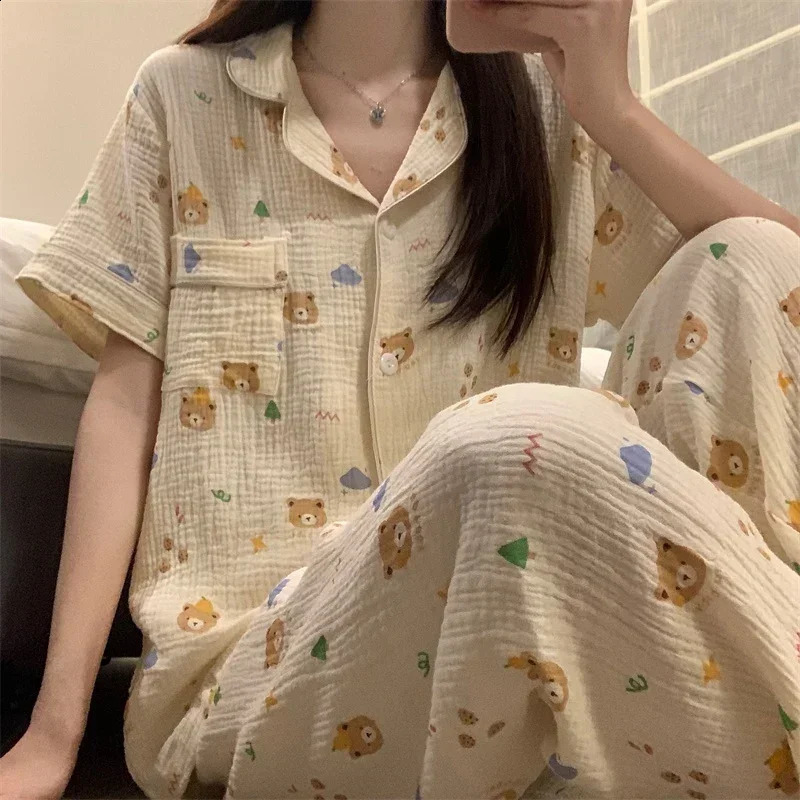 Summer Cotton Printed Short Sleeve Pants Pajama Set for Womens Pajamas Home Pajamas Non Printed Pajamas 250321