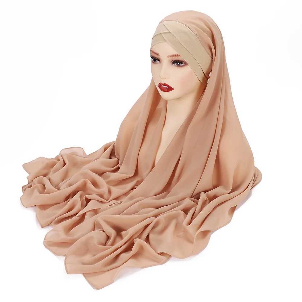 Instant Chiffon Headscarf with Cross Knitted Hat Brand Design Muslim Scarf Islamic Underwear 175X70CM X2503241