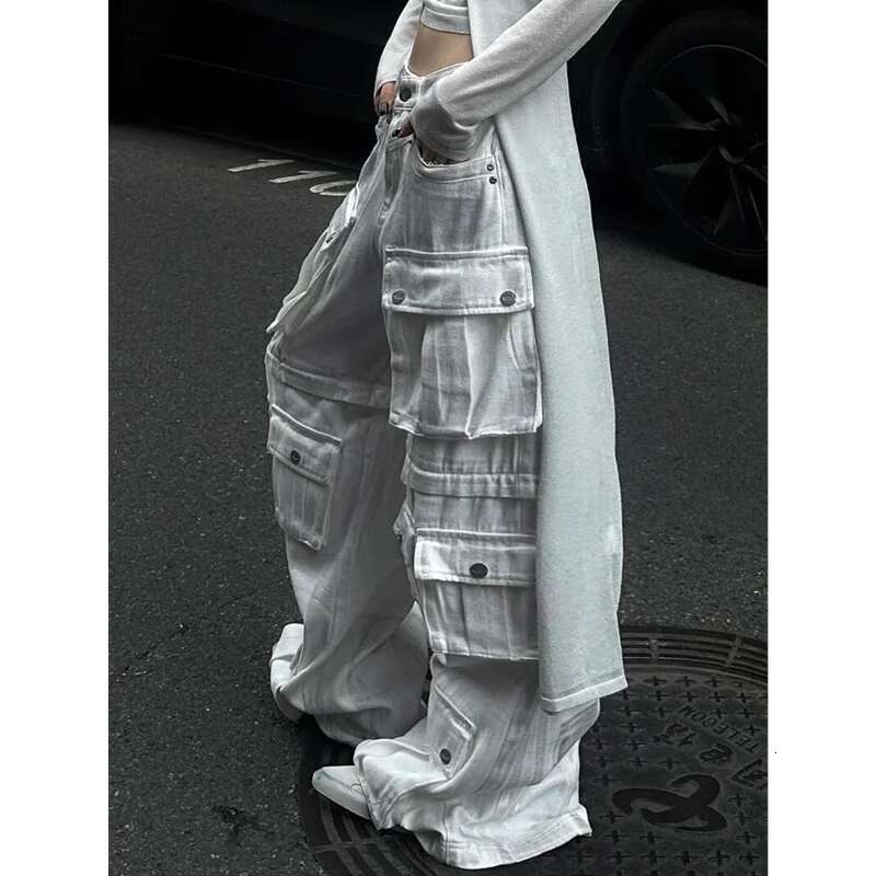White Women Y2k Hip Hop Fashion Vintage High Waisted Cargo Jeans Streetwear Casual Loose Pockets Girl Wide Leg Denim Pants