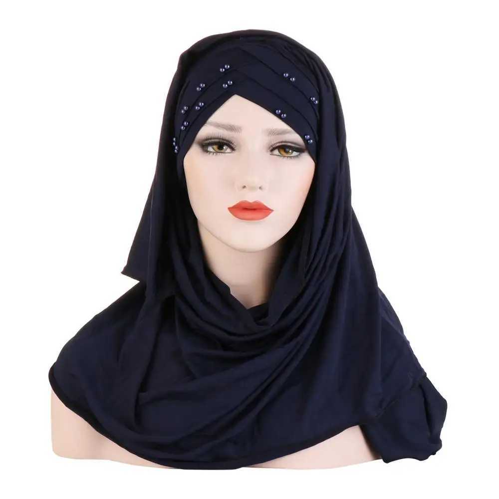 2019 Muslim cotton scarf plain weave headscarf with beads for shaving and wrapping female Muslim headscarf ready to wear headscarf X250324