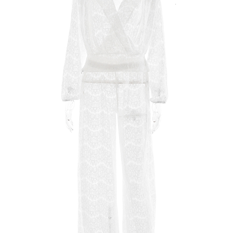 Sibybo Streetwear Lace Pants Sets For Women Sexy Deep V Neck Loose Tops High Waist Wide Leg Pants Two Piece Matching Outfits 250322