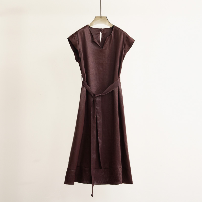 T9120 A3 High Quality Xiangyunsha Turtle Crack V-neck Lace-up 100% Mulberry Silk Dress Elegant