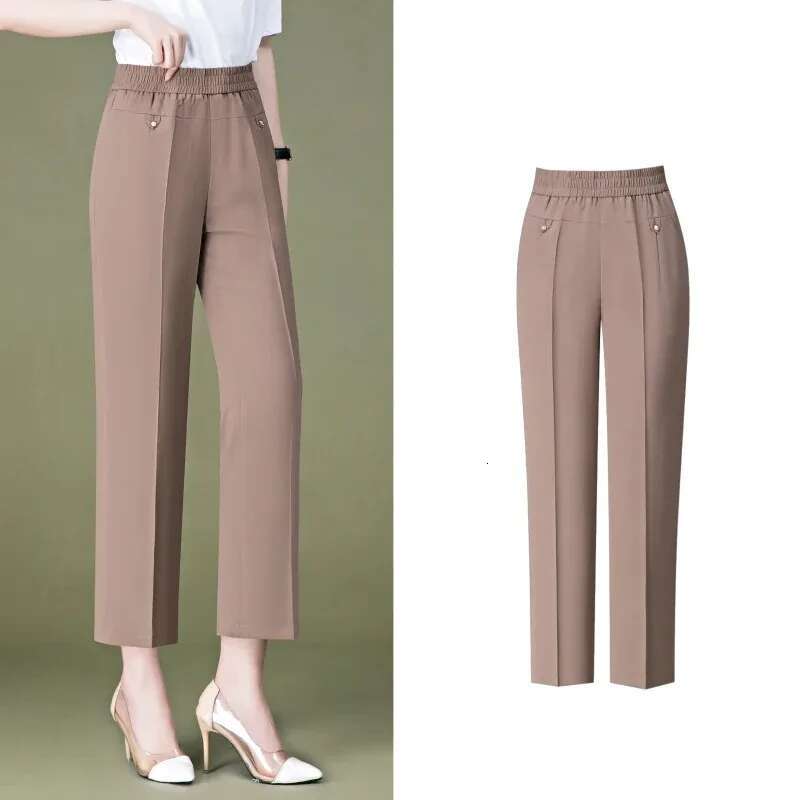 High End Fashion Temperament Versatile Women's Straight Pants Spring Solid Patchwork Pockets Elastic Waist Loose Casual Trousers