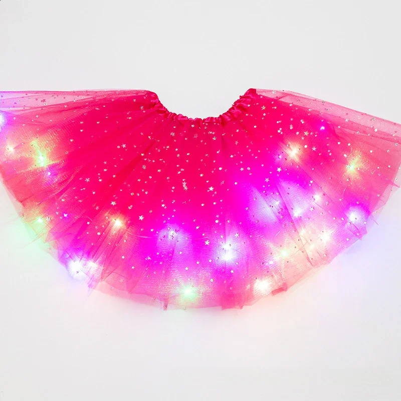 LED Glowing Light Girls Tulle Star Short Tutu Skirt Children Fancy Ballet Dancewear Party Costume Ball Gown Mini Skirt 250313r