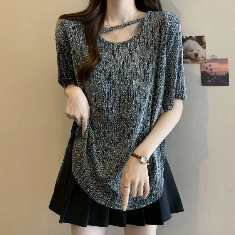 Large fashion slit womens short sleeved Tshirt 2025 summer loose and slim fit top 250324