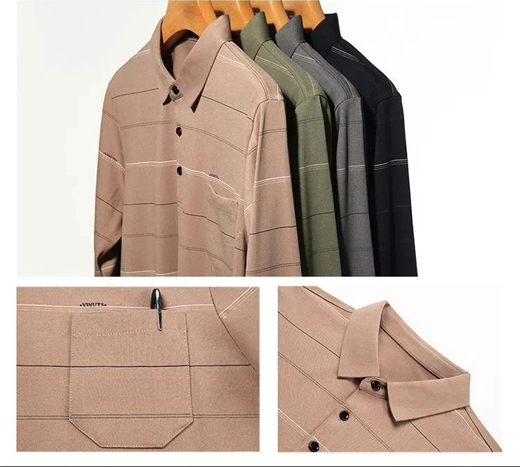 Mens Longsleeved Tshirt Lapel with Pocket Cotton Casual Autumn Clothes Base Shirt 250312