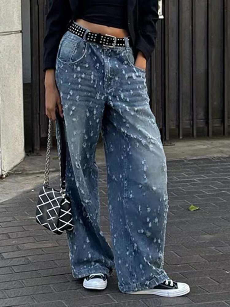 Denim Tassels Gradient Pants Women Wide Leg High Waist Straight Street Chic Jeans Female 2025 Spring Fashion Pocket Lady Trouser
