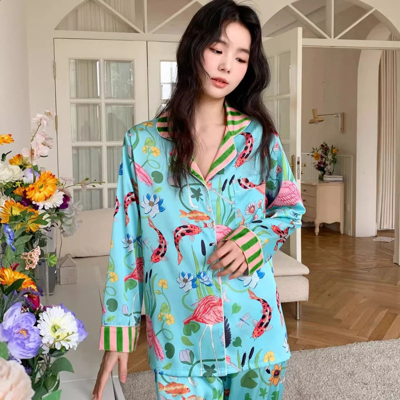 Spring Autumn Ice Silk Soft Womens Pajamas Set Buttons Cardigan Womens 2 Piece Outfit Set Senior Printing Pajamas 250321