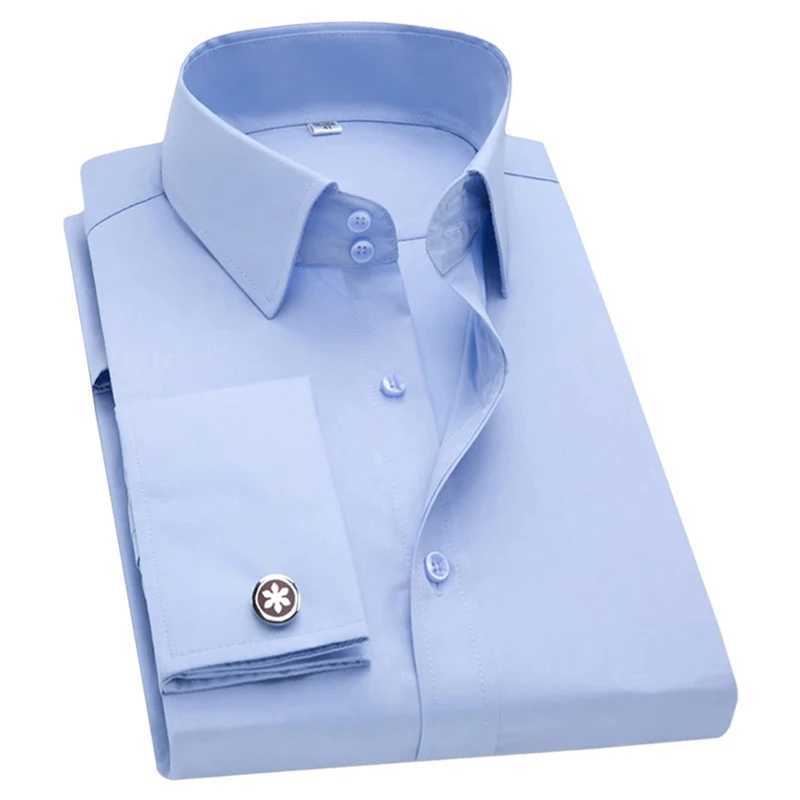 Mens slim fit French cufflinks shirt long sleeved double sleeved solid color high-end wedding dress casual mens clothing X250324