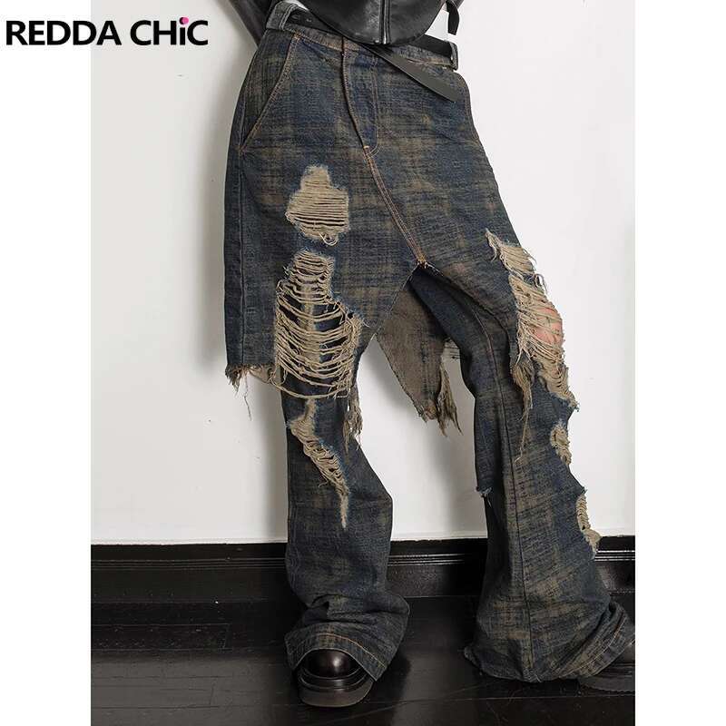Reddachic Unisex Distressed Baggy Jeans Hip Hop Ripped Holes Wide Leg Raw Rdge Fake Two-Piece Pants Women Retro Y2k Streetwear