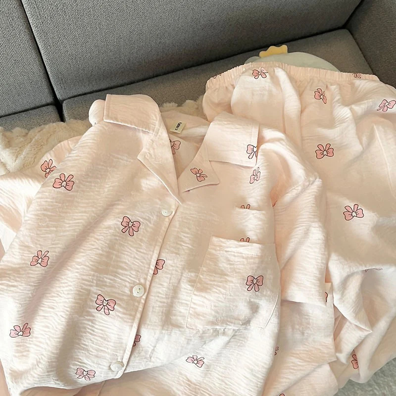 Bow print sweet and cute pajama set Korean two-piece womens pajama set Kawaii Year casual pajama home wear 250321