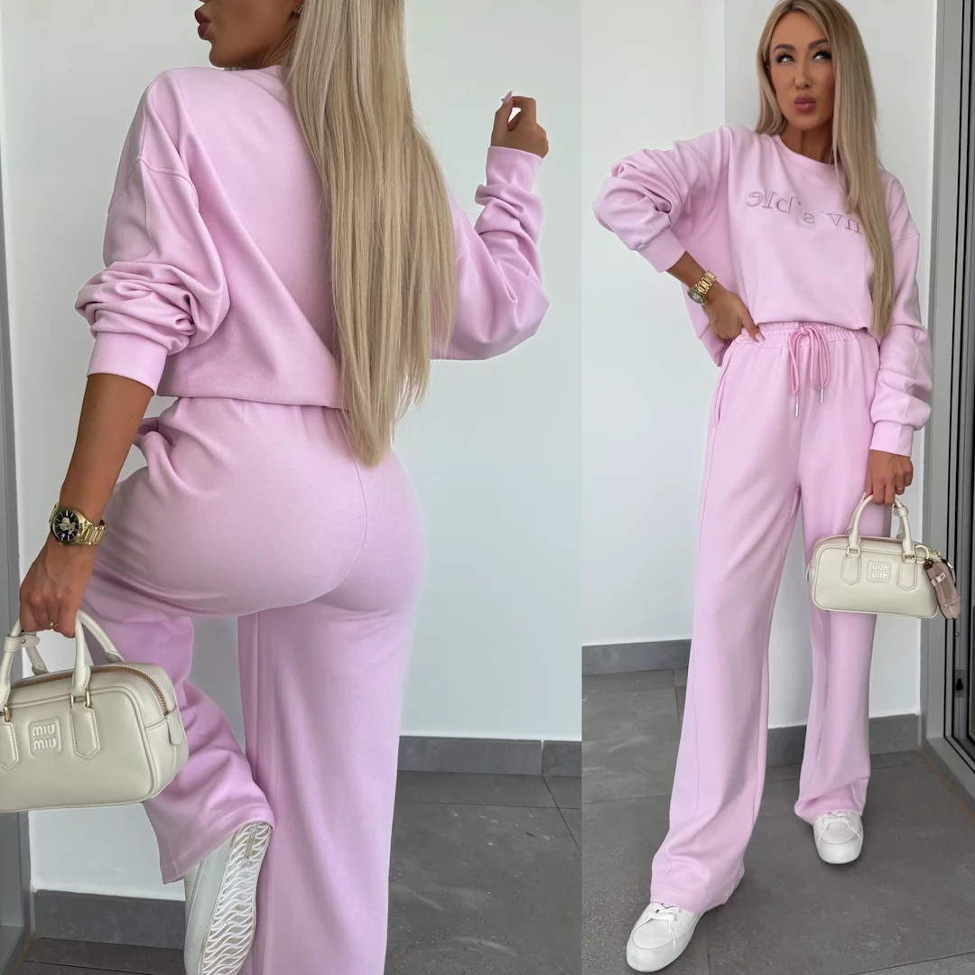 2025 Spring New Solid Color Round Neck Long Sleeve Letter Embroidered Hoodie Strap Pants Two Piece Set