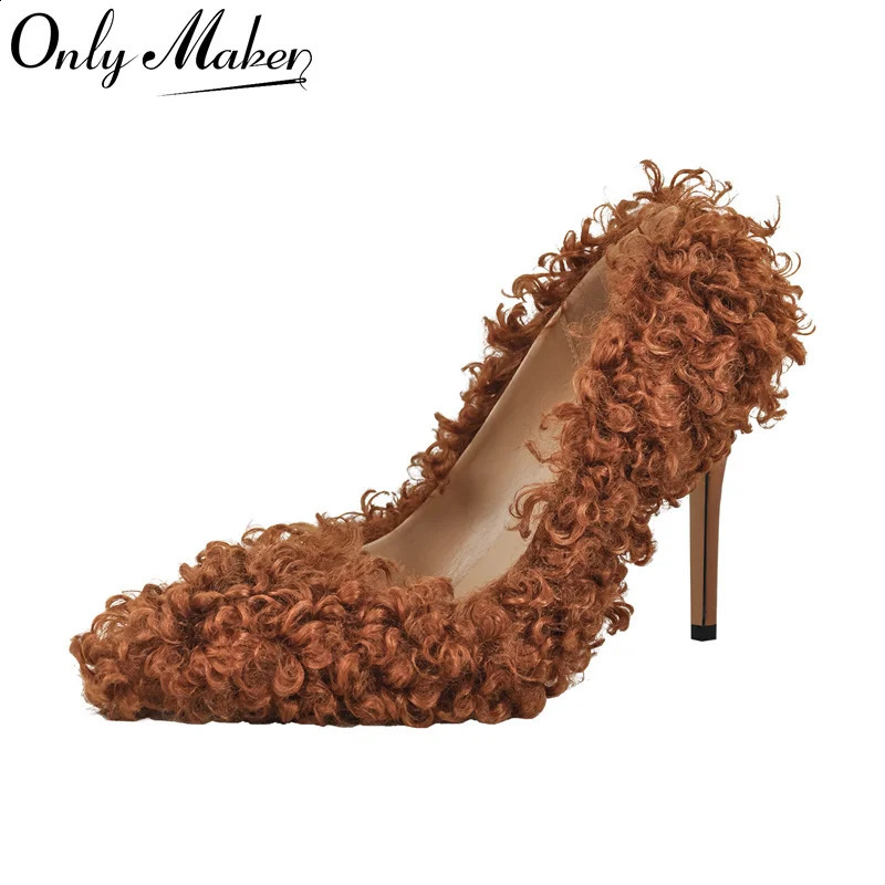 Onlymaker Women Pumps Brown Faux Fur Pointed Toe 10CM Slip-On Thin Heels Party Wedding Office Lady Big Size Shoes 250322
