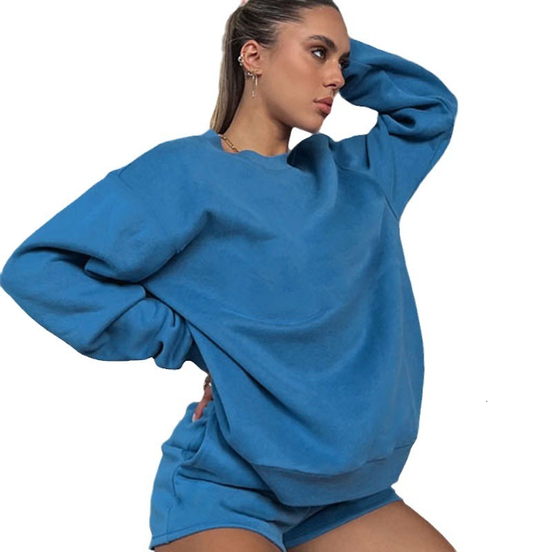 2025 Spring and Autumn Solid Color Round Neck Long Sleeve Hoodie Women's Fashion Casual Shorts Set