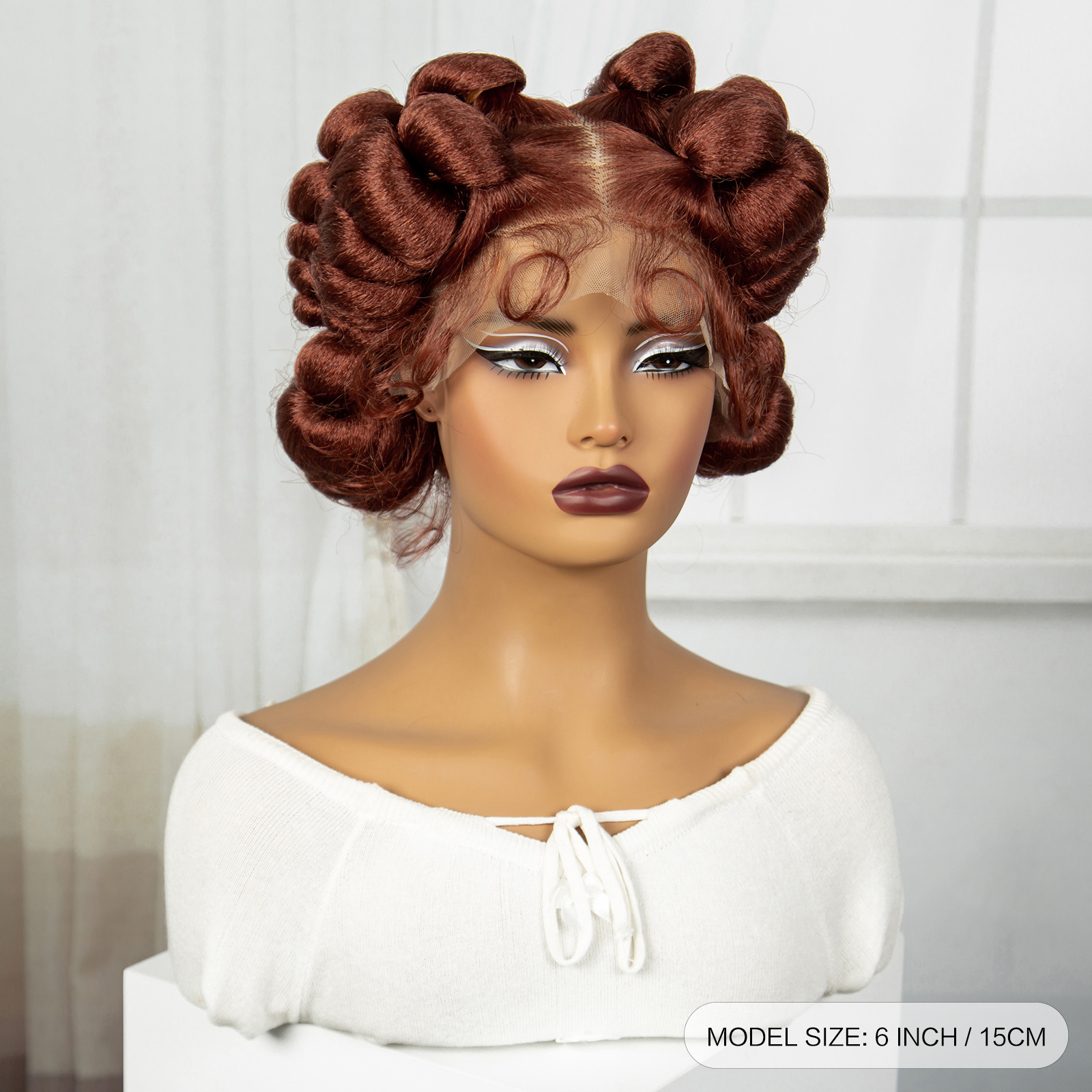 350# Reddish Brown Color 6inch Transparent Full Lace Braided Wigs Short Cute Handmade Bantu Synthetic Braided Lace Wigs Knotless Braids Wig