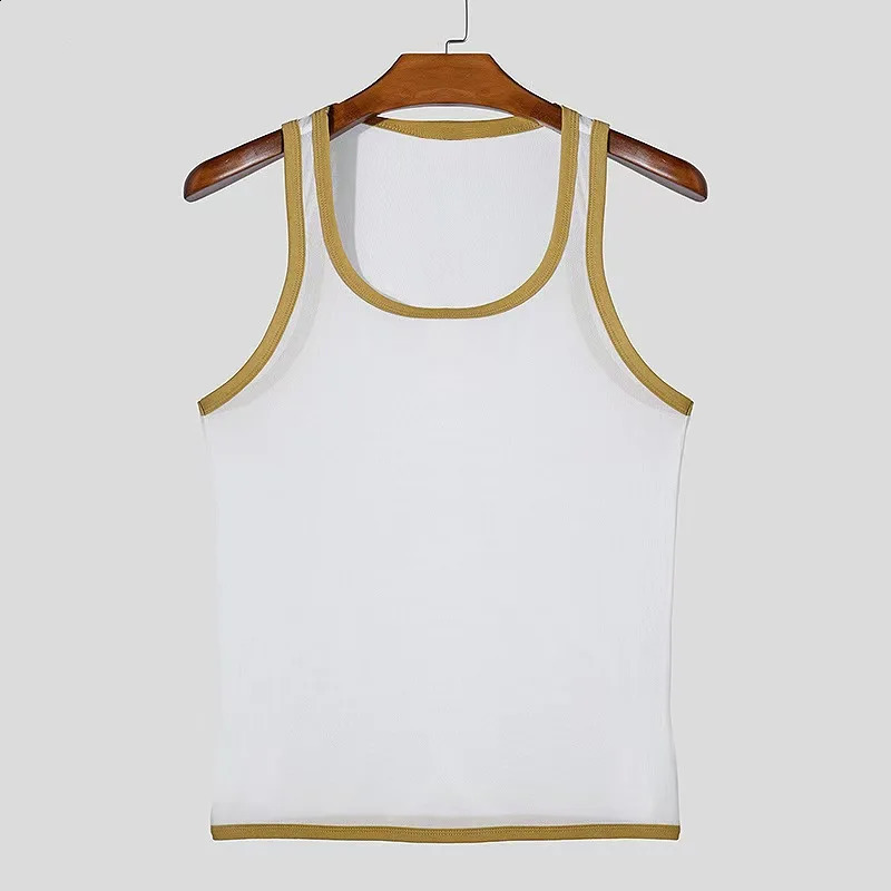 Summer Mens Vest Fitness Tight Mesh Perspective Sexy Lightweight Tank Top Splicing Color Transparent Vest For Male Tees 250324