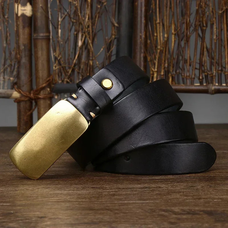 3.3cm Pure Cowskin Men Belt High Quality Genuine Leather Smooth Brass Buckle Strap Male Jeans er Belts for Man 250318