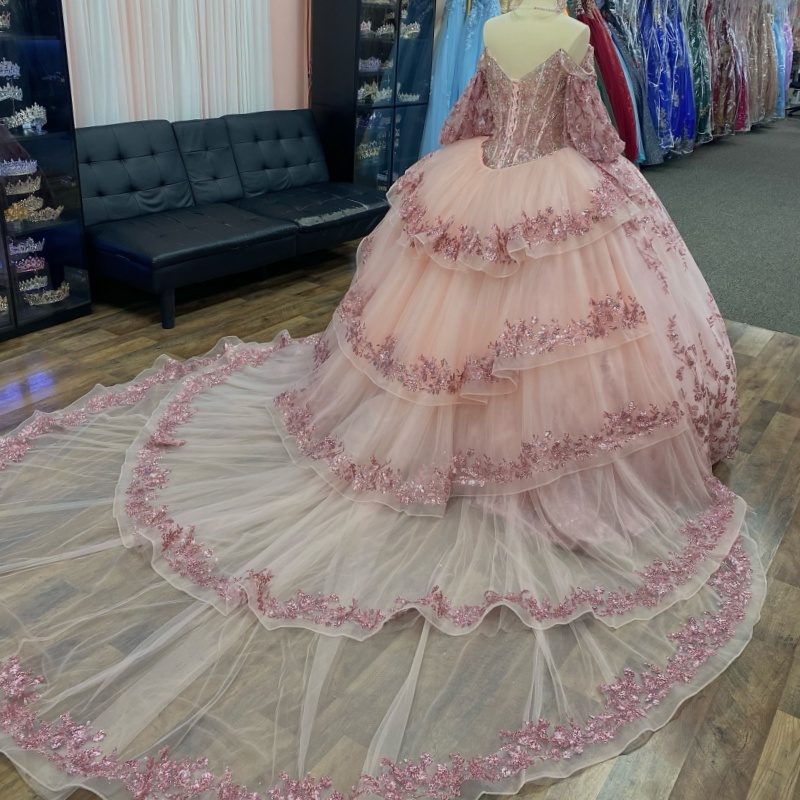 Pink Shiny Sweetheart Quinceanera Dresses Off The Shoulder Sequin Applique Lace Beads Tulle Corset Vestidos De 15 Anos Sweet 16 Dress