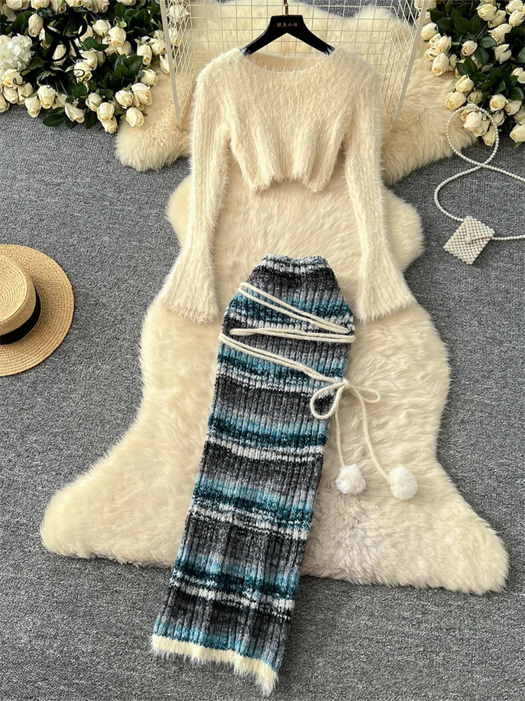 SINGREENY Winter Warm Knitted Two Piece Set O-neck Short TopHigh Waist Lace Upper Tight Clothes Slimming Womens Set 250322