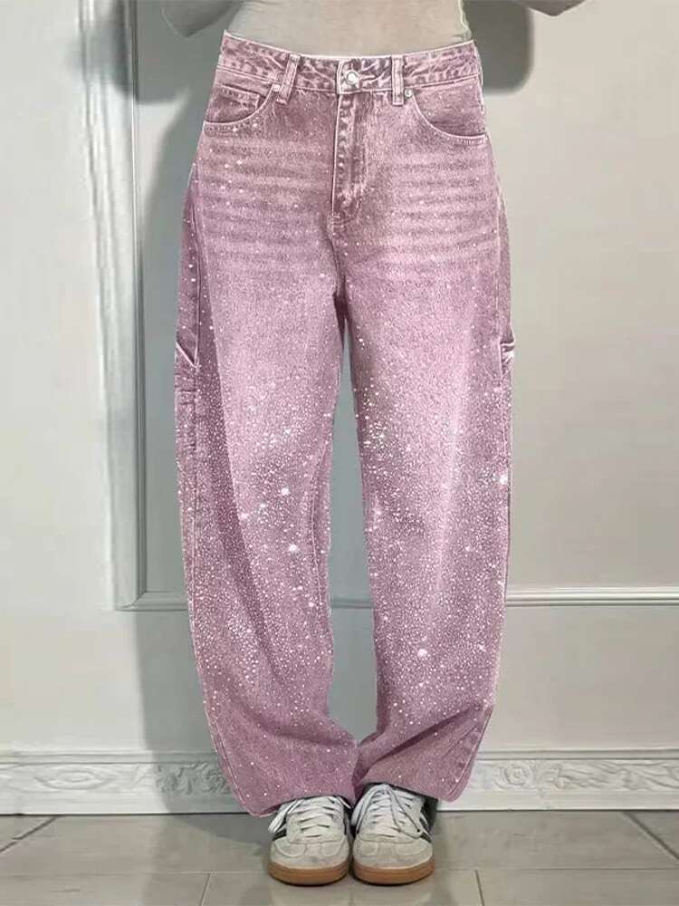 New Women's Shiny All Rhie Pink Denim Jeans Pant High Waist Straight Leg Pants Trendy Casual Streetwear Trousers
