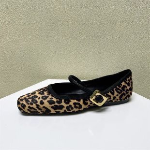 2025 New Women's One Word Soft Leather Leopard Pattern Square Head Designer Fashion Flat Bottom Shallow Mouth Single Shoe Women's Style