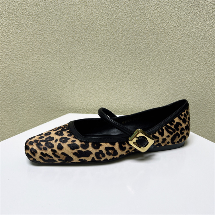 2025 New Women's One Word Soft Leather Leopard Pattern Square Head Designer Fashion Flat Bottom Shallow Mouth Single Shoe Women's Style
