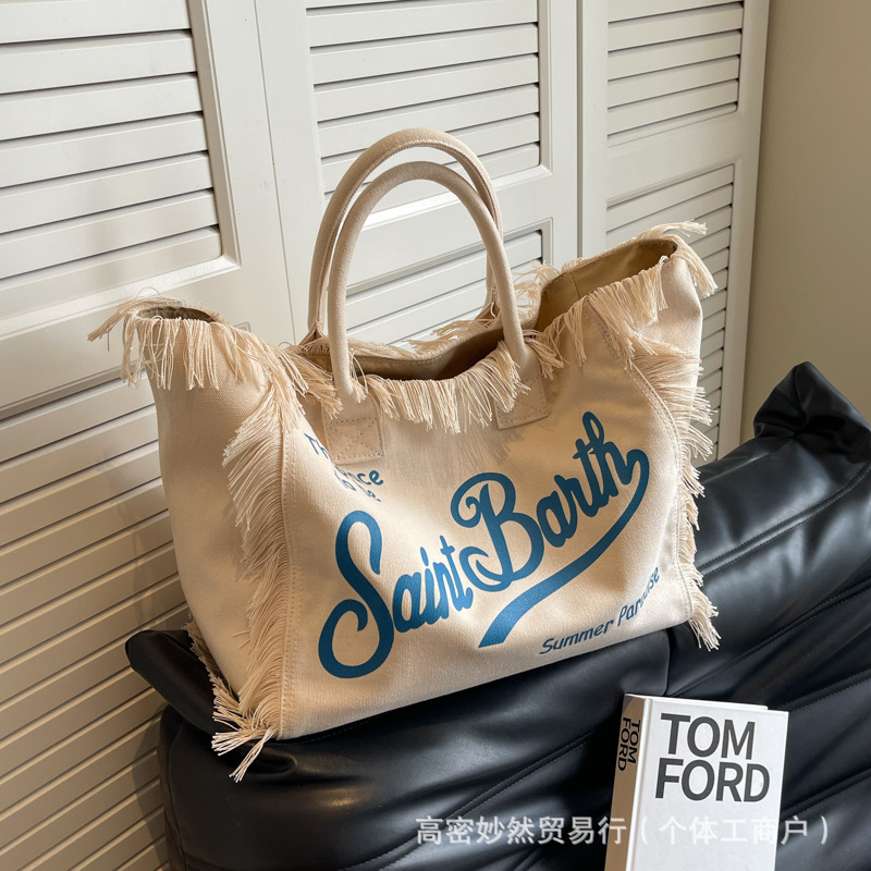 tote bag new style European and American beach large-capacity shoulder commuter bag handmade tassel denim printed tote bag