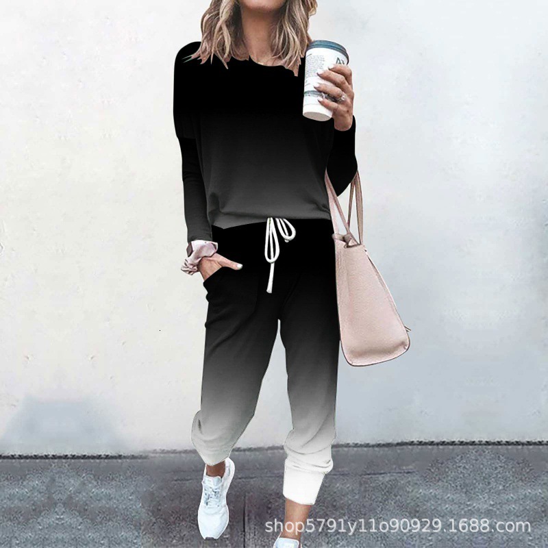 Gradient sweatshirt and pants set, casual long sleeved pullover, round neck sports suit