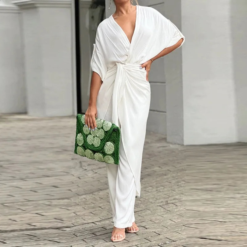 Summer Womens Fashionable Casual V-neck Lace Up Bat Sleeves Solid Color Straight Leg Pants Temperament Set Womens Wear 250324