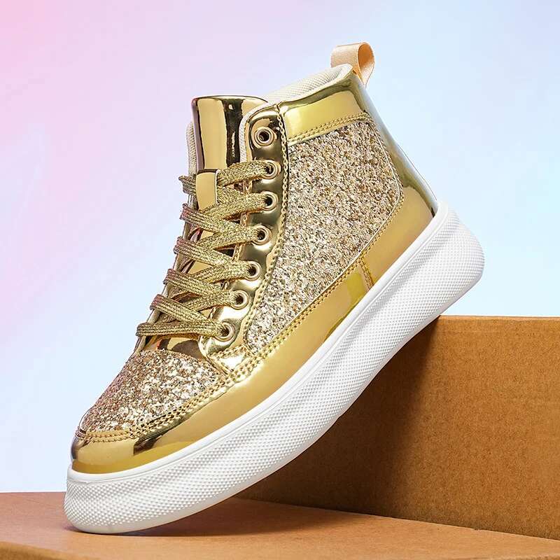 2025 new couple running shoes, high ankle women's outdoor street walking boots, gold winter carnival sports shoes