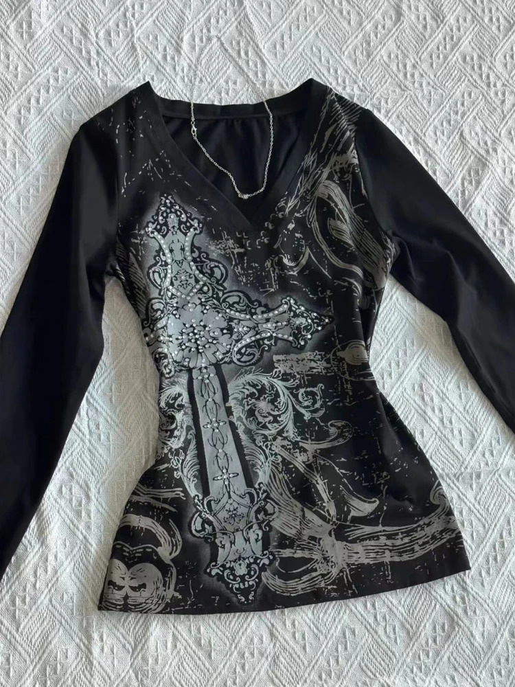 2000s American Vintage Gothic Black Women T-shirts Punk Style Graphic Grunge Tshirts Harajuku Y2k Long Sleeve Tops Streetwear 250324