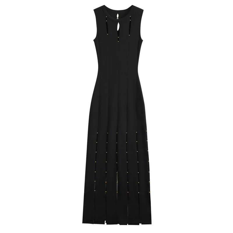 French Hollowed Out Split Stripe Spring/Summer New Women's Tassel Edge Gold Bead Waistband Sleeveless Slimming Dress