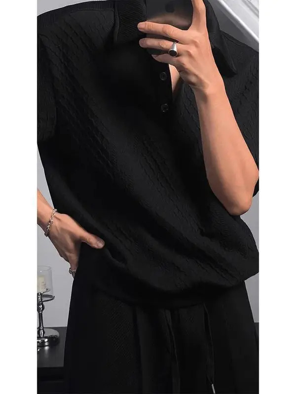 American retro waffle polo shirt mens and womens hiphop loose short sleeved lapel Tshirt trendy minimalist top harajuku y2k 250312