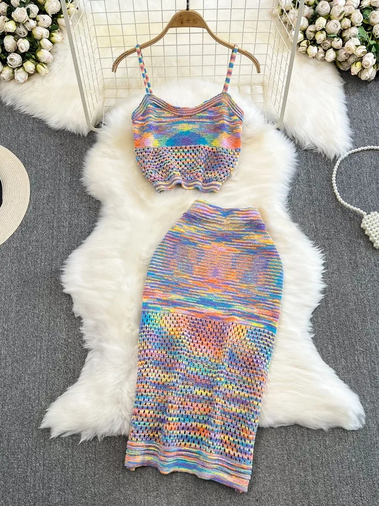 Vintage Beach Holiday Knitted Skirts Suit Summer Fashion Strap Crop Tops Bodycon Saya 2 Pieces Set Women Outfits Female Clothes 250324