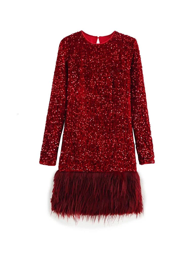 TFMLN Fashion Womens Sparkling Feather Dress Spring Chic Ultra Thin Oneck Long Sleeve Shiny Evening Party Mini 250320