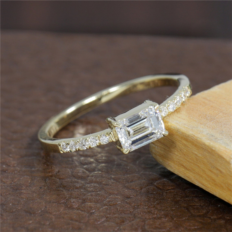 Jewelry Fashion 0.6 Carat Emerald Cut East West Lab Diamond Ring 14K 18K Real Gold Engagement Ring For Women Half Set Ring Band