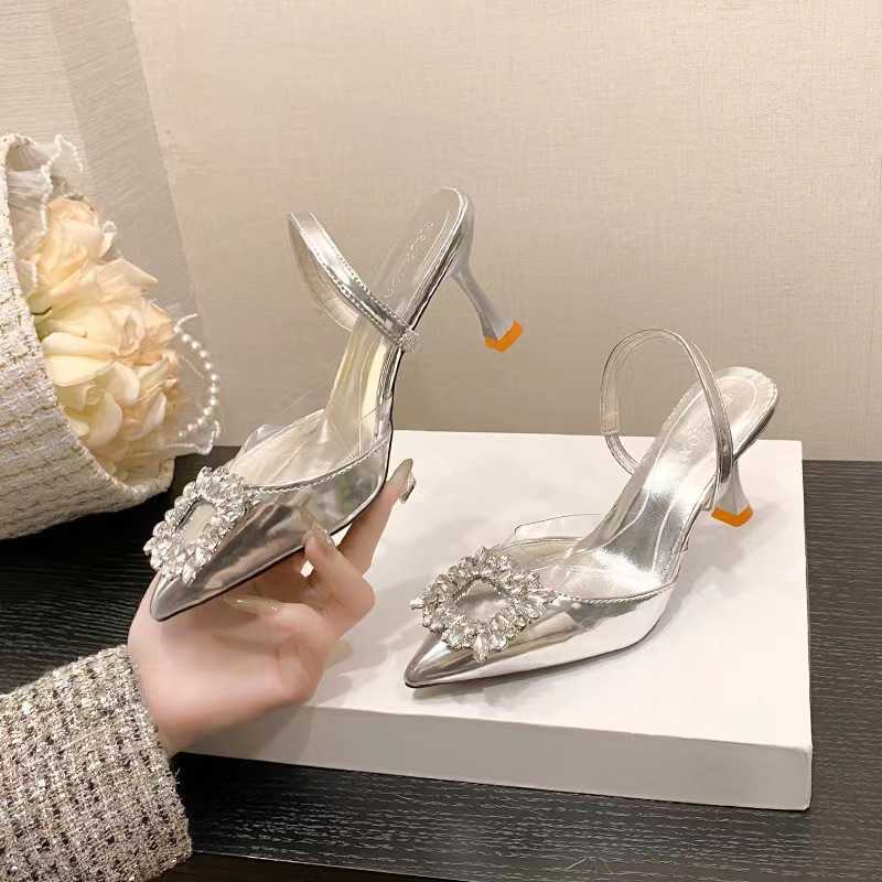 High Heeled Shoes for Women Summer New French Rhinestone Pointed Square Buckle Slim Heels Sexy Outerwear Toe Sandals for Women