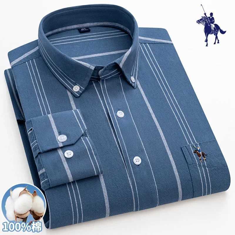 Mens long sleeved casual shirt cotton Oxford fashion stripe regular suitable for business shirt factory sales mens dress shirt X250324