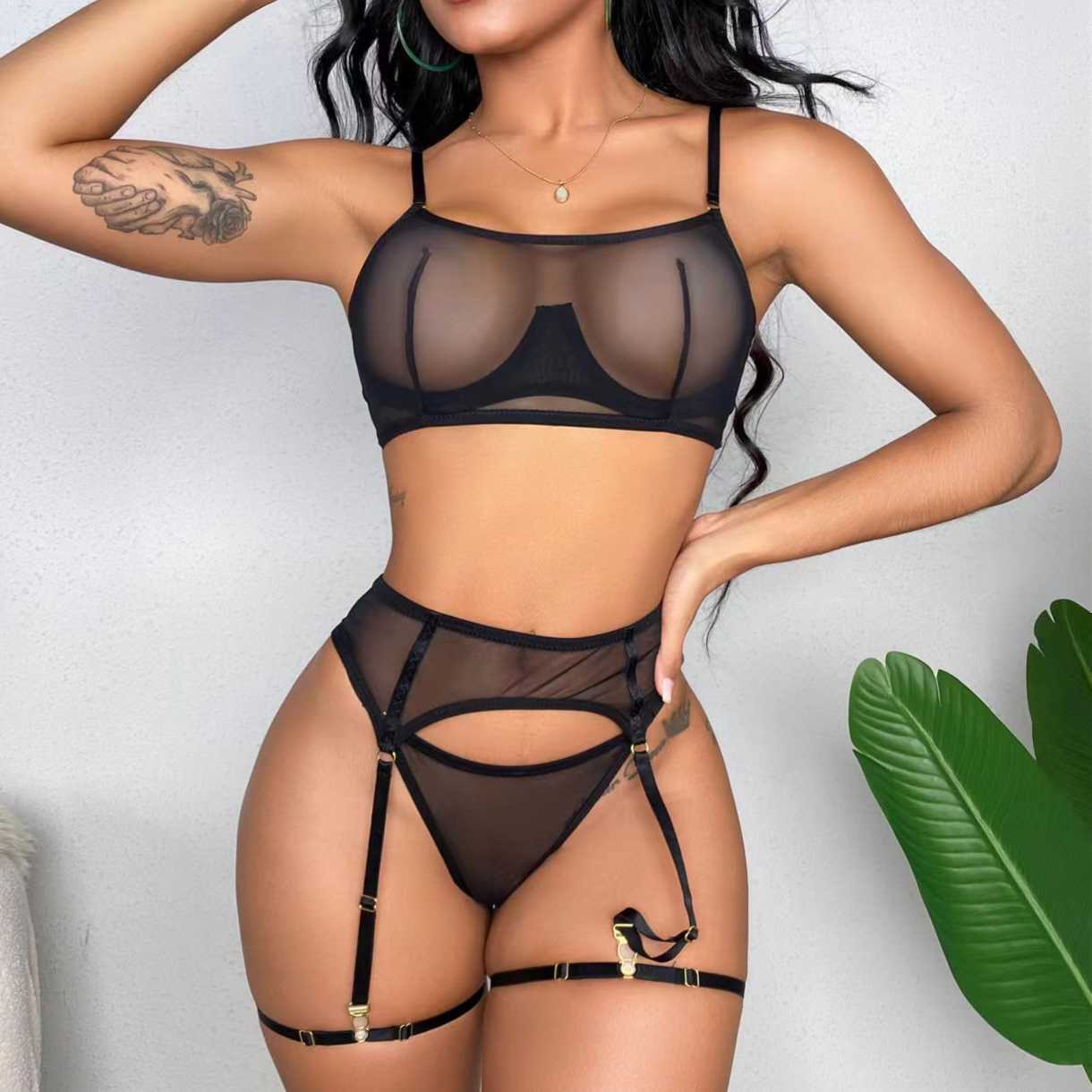 Sexy ultra-thin mesh bra set, simple and transparent, large chest display, small steel support bra, lace bra 250315