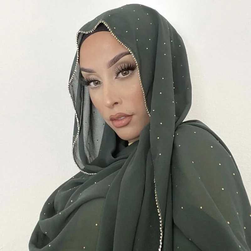 Golden zipper headscarf chiffon rhinestone scarf Arab Fem ordinary bag long shawl X250324