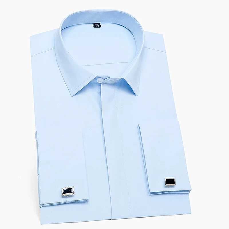 French cufflinks mens tailcoat business social shirt long sleeves covered buttons solid color mens dress white light blue pink X250324