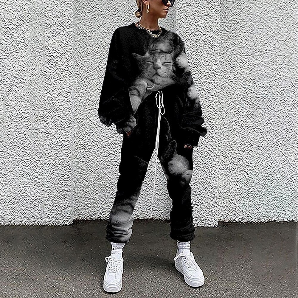 2023 Autumn New Women's 3D Printed Cat Long Sleeve Round Neck Loose Casual Set for Women
