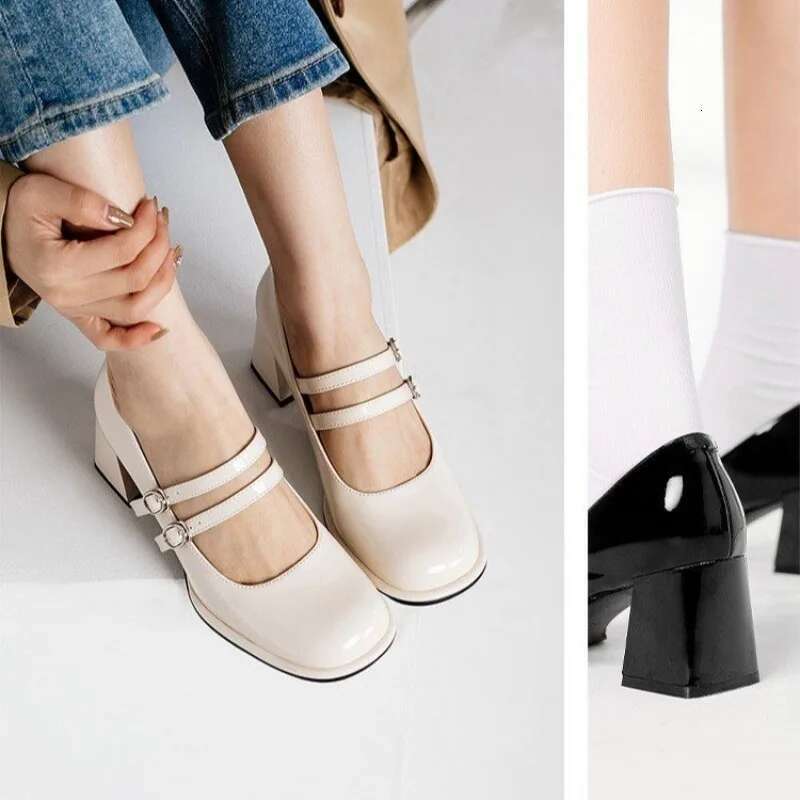 Mary Janes Vintage Black Sandals Woman Buckle Non-Slip Casual Medium Office Ladies Solid Elegant Heels Korean Summer