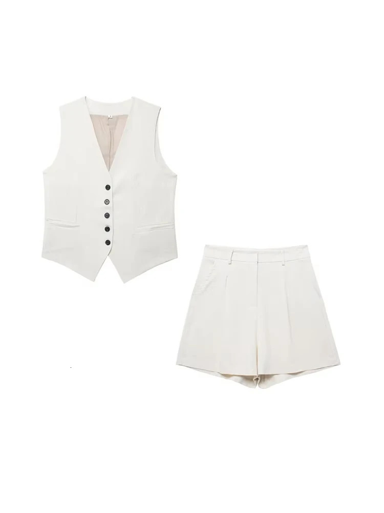 TRZA Womens Front Button Linen Waist and High Bermuda Shorts Two Piece Set Fashionable 250322