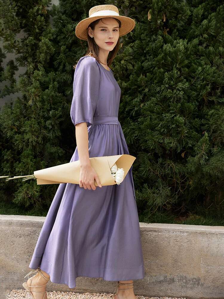 AMII Minimalist Long Dress for Women 2022 Summer New Loose French Style Puff Sleeve O-neck Temperament A-e Vestidos 12240450