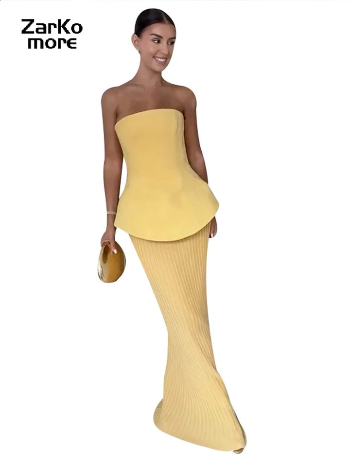 Elegant Strapless Tube Top Skirts Suit Women 2 Pieces Off The Shoulder Sleeveless Tank Long Pleated Skirt in Matching Outfit 250317