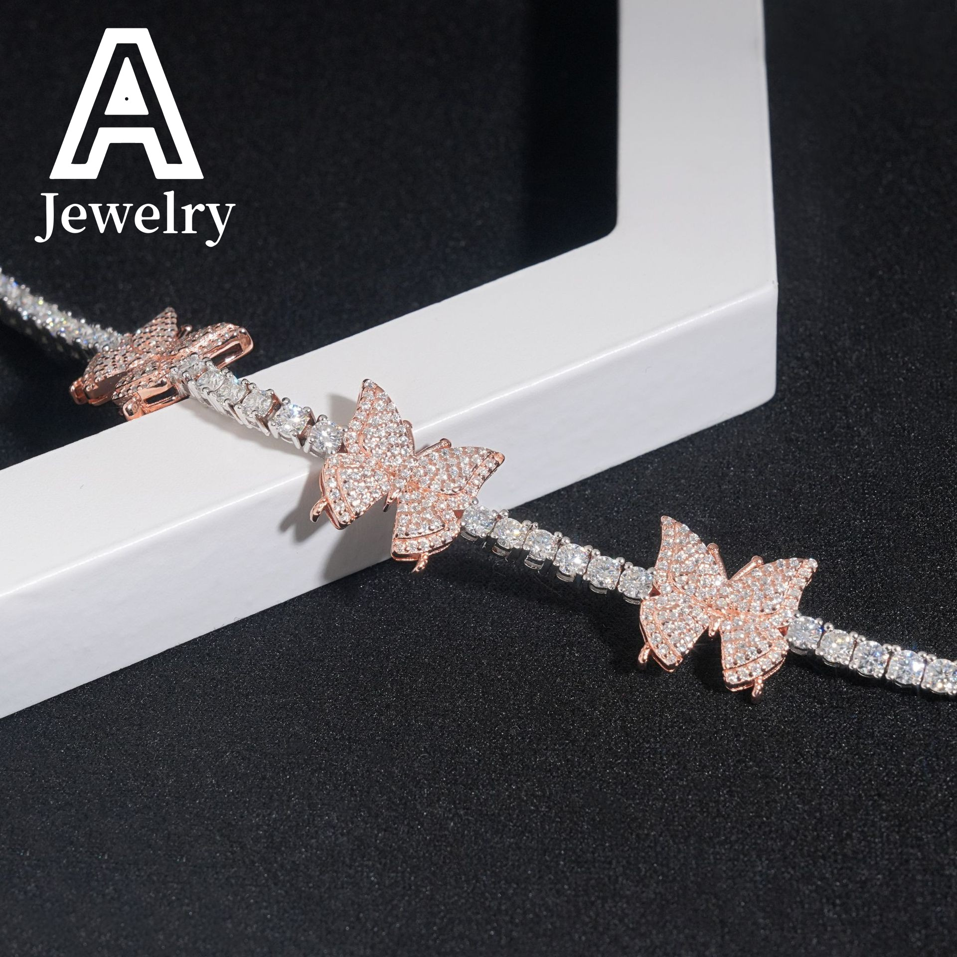 New Arrival Fashion Special Hip Hop Two Tone Rose Gold 925 Sterling Silver 3MM Moissanite Butterfly Tennis Bracelet
